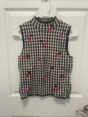 Maeve-Anthropologie Black & White Gingham Mock Neck Tank with Pink Cherry